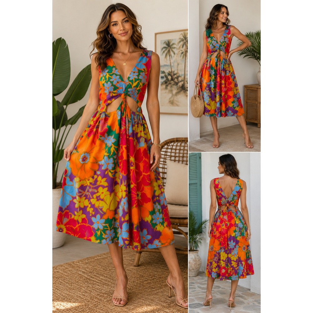 Etile Collection M NWOT 70s Floral Cutout Midi Dress Tropical Resort Boho